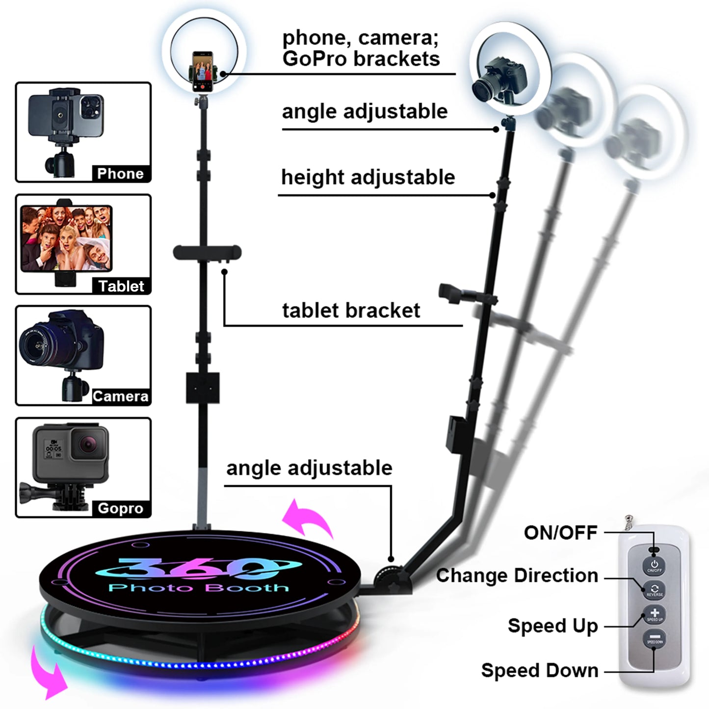 360 photo booth with adjustable phone, tablet, and camera brackets, RGB LED lights, and remote control features